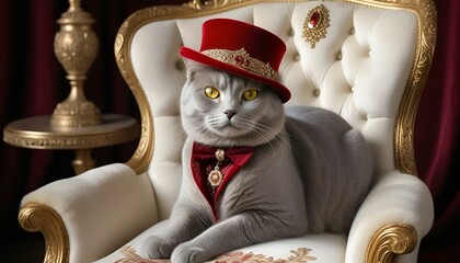 British Shorthair cat wearing a red hat and elegant collar, seated regally on a luxurious chair
