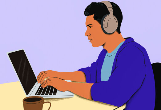 A focused person wearing headphones types on a laptop at a desk with a coffee cup nearby on a purple background.