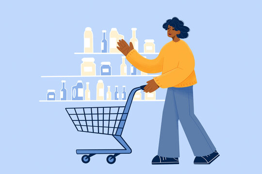 Adult with a shopping cart selecting products from a grocery shelf, illustrated in a flat design style against a blue background.