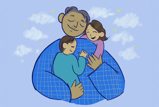 Elderly man embraces a child while a woman leans on his shoulder, all three smiling contently against a blue background with illustrated clouds and stars.