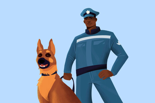 A confident police officer stands next to a smiling police dog against a blue background.