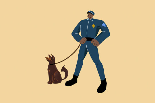Cartoon illustration of a superhero walking a dog on a leash, both depicted against a plain beige background.