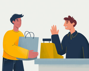 Smiling customer in yellow shirt receiving shopping bags from cheerful cashier at checkout.