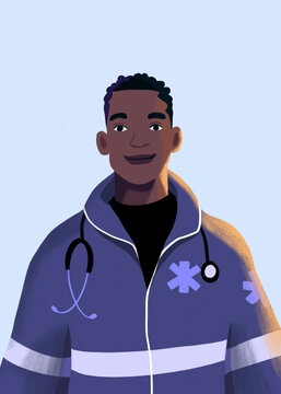Smiling medical professional in a purple uniform with a stethoscope around the neck.
