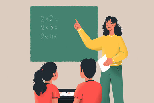 Teacher pointing at a chalkboard with multiplication problems while two students watch attentively.