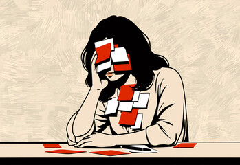 Woman playing with red and white cards at a table with a thoughtful pose.