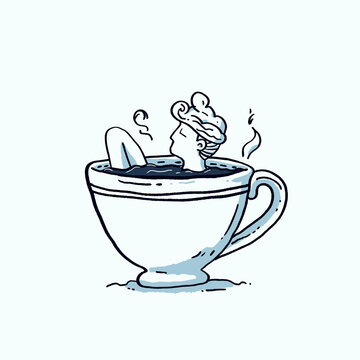 Hand-drawn illustration of a whimsical cup of coffee with steaming heart shapes.