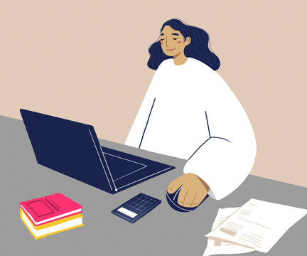 Smiling woman working on a laptop with a calculator and documents on her desk.