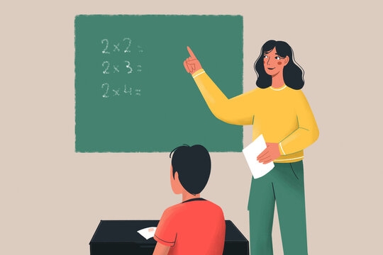 Female teacher pointing to multiplication examples on the chalkboard while a student listens attentively.