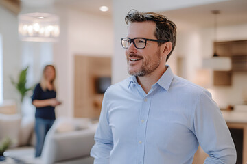 Fototapeta premium Man smiling in a modern home interior with another person in the background