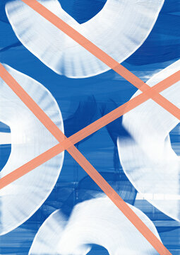 Dynamic interplay of abstract blue and peach shapes creates a sense of movement and energy.