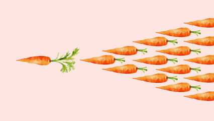 A formation of illustrated carrots arranged diagonally on a soft pink background.