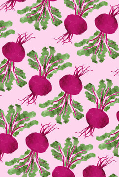 Seamless pattern of watercolor beetroots with green leaves on a pink background.