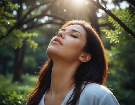 a woman with her eyes closed against the forest
