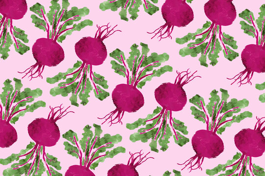 Vibrant pattern of hand-painted beetroots with green leaves on a pink background.
