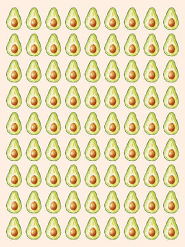 Seamless pattern of sliced avocados on a pastel background.