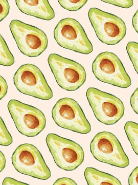 Seamless pattern of hand-drawn avocado illustrations on a pastel background.
