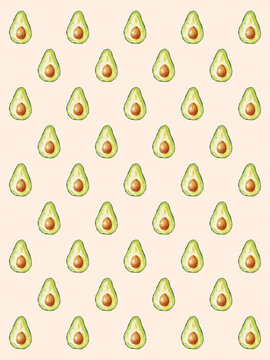 Pattern of avocado halves arranged in rows on a light pink background.