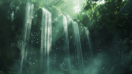 Obraz premium A social media app interface that is embedded into a surreal waterfall, where posts and comments flow down like water,