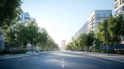 Obraz premium Vibrant Cityscape with Towering Skyscrapers and Lush Greenery Lining the Bustling Urban Street