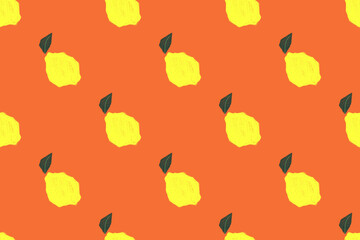 Seamless pattern of vibrant yellow lemons and green leaves on an orange background, evoking a fresh, summery, and zesty vibe
