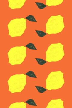 Hand-drawn lemons and leaves pattern on a vibrant red background.