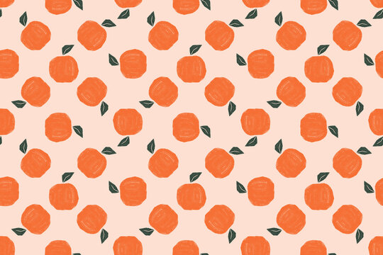 Seamless pattern with orange fruits and green leaves on a light pink background.