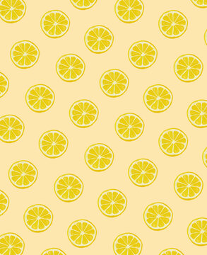 Seamless pattern of illustrated lemon slices on a yellow background.