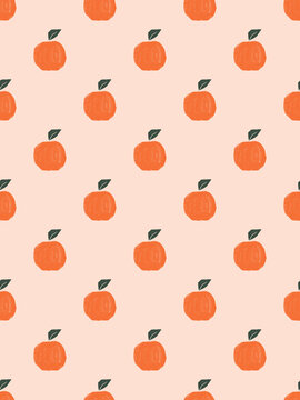 Seamless pattern of stylized red apples on a pink background.