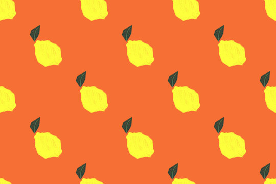 Seamless pattern of vibrant yellow lemons and green leaves on an orange background, evoking a fresh, summery, and zesty vibe