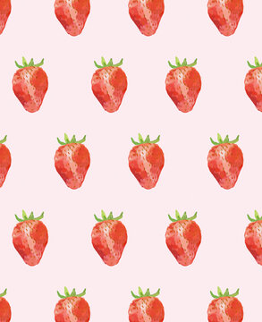 Seamless pattern of hand-painted strawberries on a pink background.