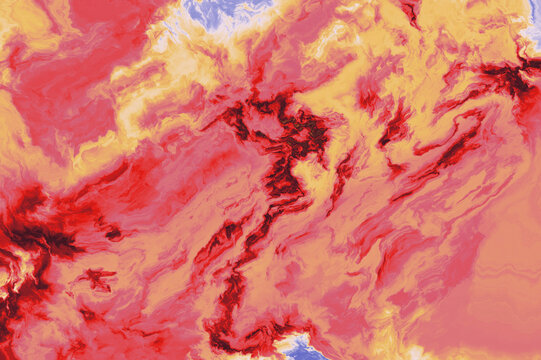 Vivid red and yellow abstract swirls resembling molten lava with blue and white cloud-like textures.