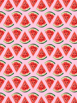 Pink background patterned with rows of watermelon slices, some cut into triangular pieces and others as half-moons.