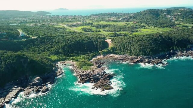 Stunning aerial view of Praia da Foca beach in B&uacute;zios, with rocky coastline and turquoise waters