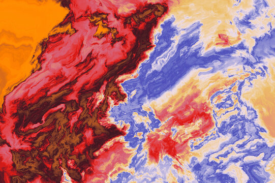 Abstract painting with swirling patterns in vivid shades of red, orange, blue, and white.