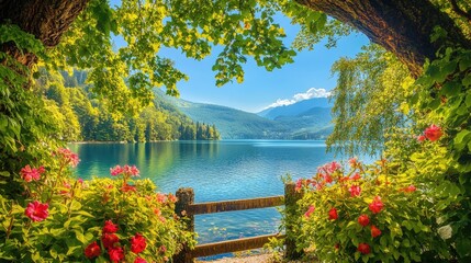 Idyllic view of a mountain lake framed by vibrant flowers, lush trees, and a wooden fence, with a clear blue sky creating a serene scene