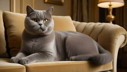 Fluffy British Shorthair cat lounging elegantly on a stylish couch indoors