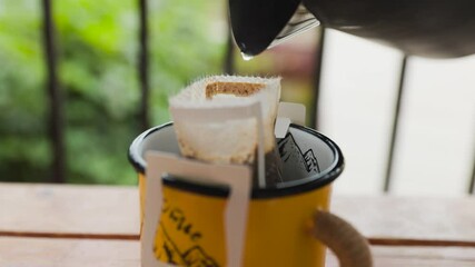 Drip Coffee in Mug in the summer garden outdoor