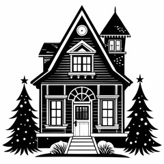 Christmas House Vector silhouette,house in winter 