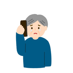 電話で悲しむおじいさんのイラスト