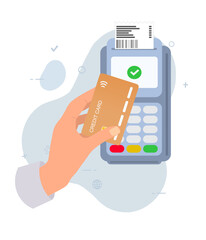 Contactless payment, hand holding credit or debit card close to the POS terminal with receipt to pay. Flat vector illustration