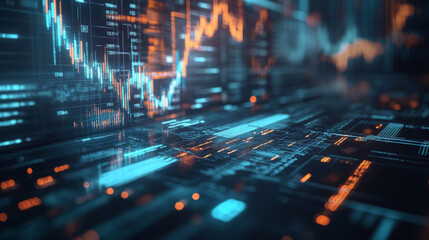Obraz premium Advanced AI algorithm visualizing stock predictions on a multi-layered screen, futuristic financial market concept