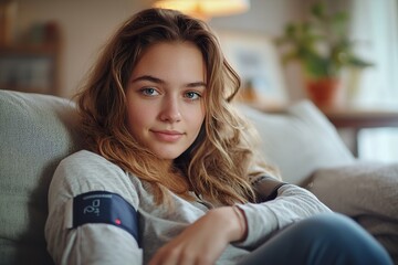 Naklejka premium Young Woman Checking Blood Pressure with Digital Monitor on Couch