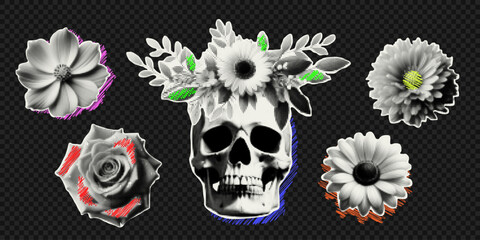 Fototapeta premium Vector skull, flowers and neon doodles isolated on transparent background. Trendy elements with a halftone effect for collage, poster, banner, cover design in y2k style.