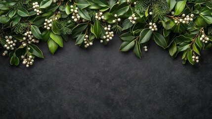 Christmas greenery border on a black background