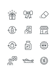 Flight travel business trip, gift box present sparkle surprise, set of icons for web design, vector illustration