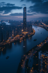 Fototapeta premium Night city lights reflecting on the river