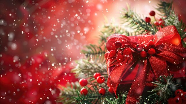 Close-up of a red bow on a decorated Christmas tree, ideal for holiday season designs and promotions