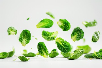 A cluster of green leaves blown by wind, suspended in mid-air