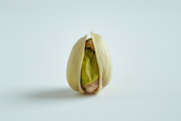 Single pistachio shell placed on a clean white surface for photography and illustration purposes